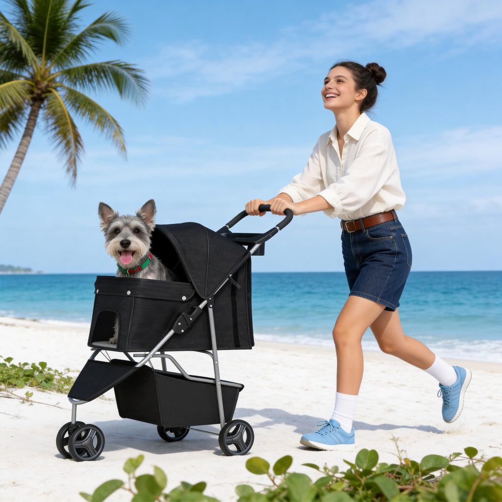BestPet | Carriola de 3 ruedas para mascotas | Carriola para perros y gatos | Malla transpirable | Portador de viaje ligero | Diseño impermeable y plegable | Cesta de almacenamiento | Negro | para