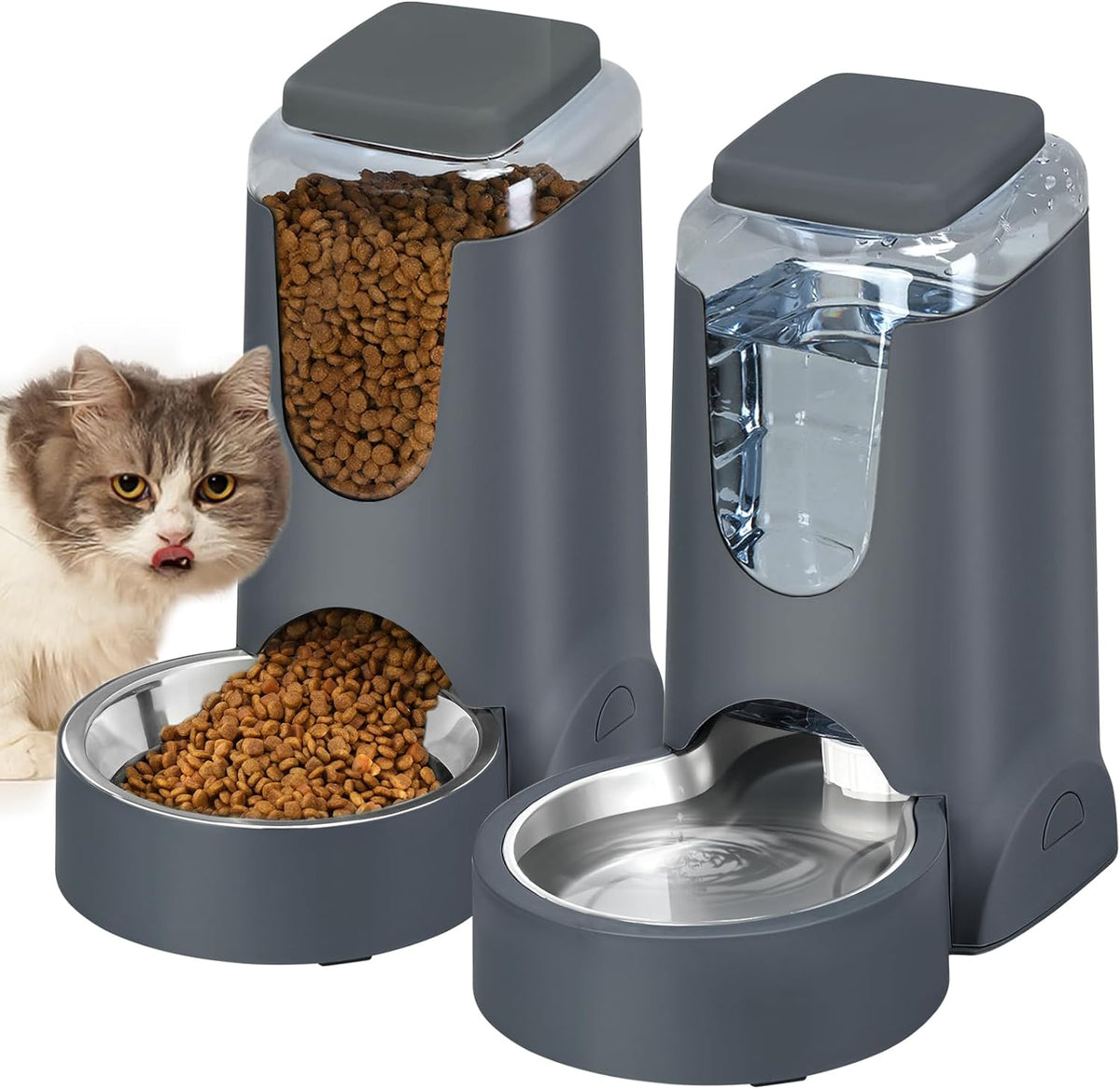 Comedero y dispensador de agua automático para gatos con cuenco de acero inoxidable, comedero por gravedad para perros y bebedero para mascotas pequeñas, medianas, cachorros y gatitos, 3,8 litros x 2