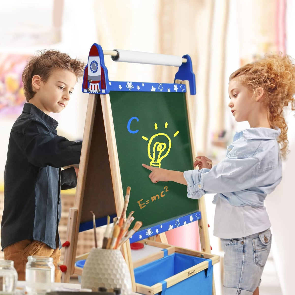 Joyooss - Caballete de arte para niños, caballete de pie ajustable para niños con tablero magnético y pizarra, pizarra magnética para niños, caballete de arte con 2 rollos de papel, pinturas para