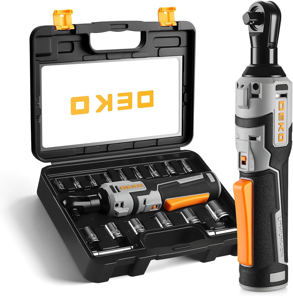 DEKOPRO Juego de llaves de trinquete eléctricas inalámbricas, 19 piezas, kit de herramientas de trinquete eléctrico, llaves de trinquete inalámbricas de 8 V 3/8 pulgadas, velocidad variable con 14