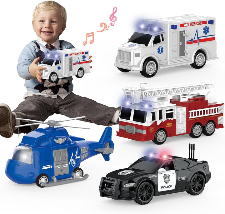 COVTOY Paquete de 4 vehículos de emergencia con luces y