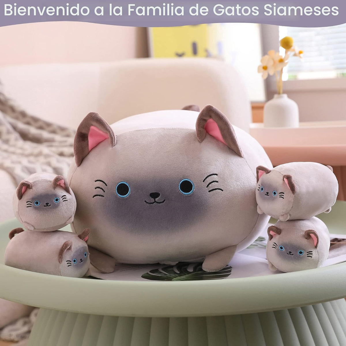 SQEQE Peluche de gato siamés, lindos animales de peluche para mamá con 4 gatitos