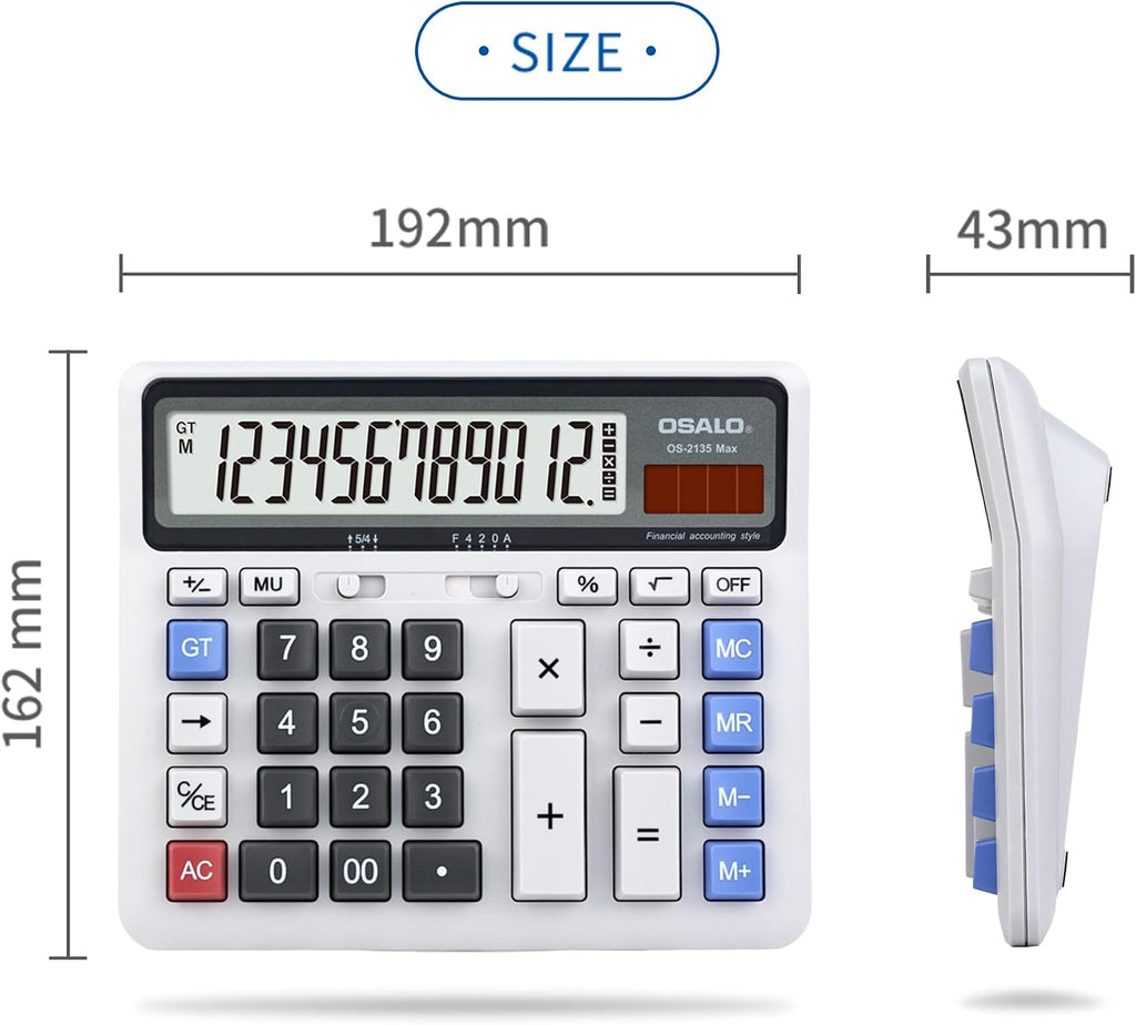 Calculadora de escritorio, pantalla LCD extragrande, calculadora de contabilidad de números grandes de 12 dígitos con botón de respuesta gigante, batería y energía solar, perfecta para oficina