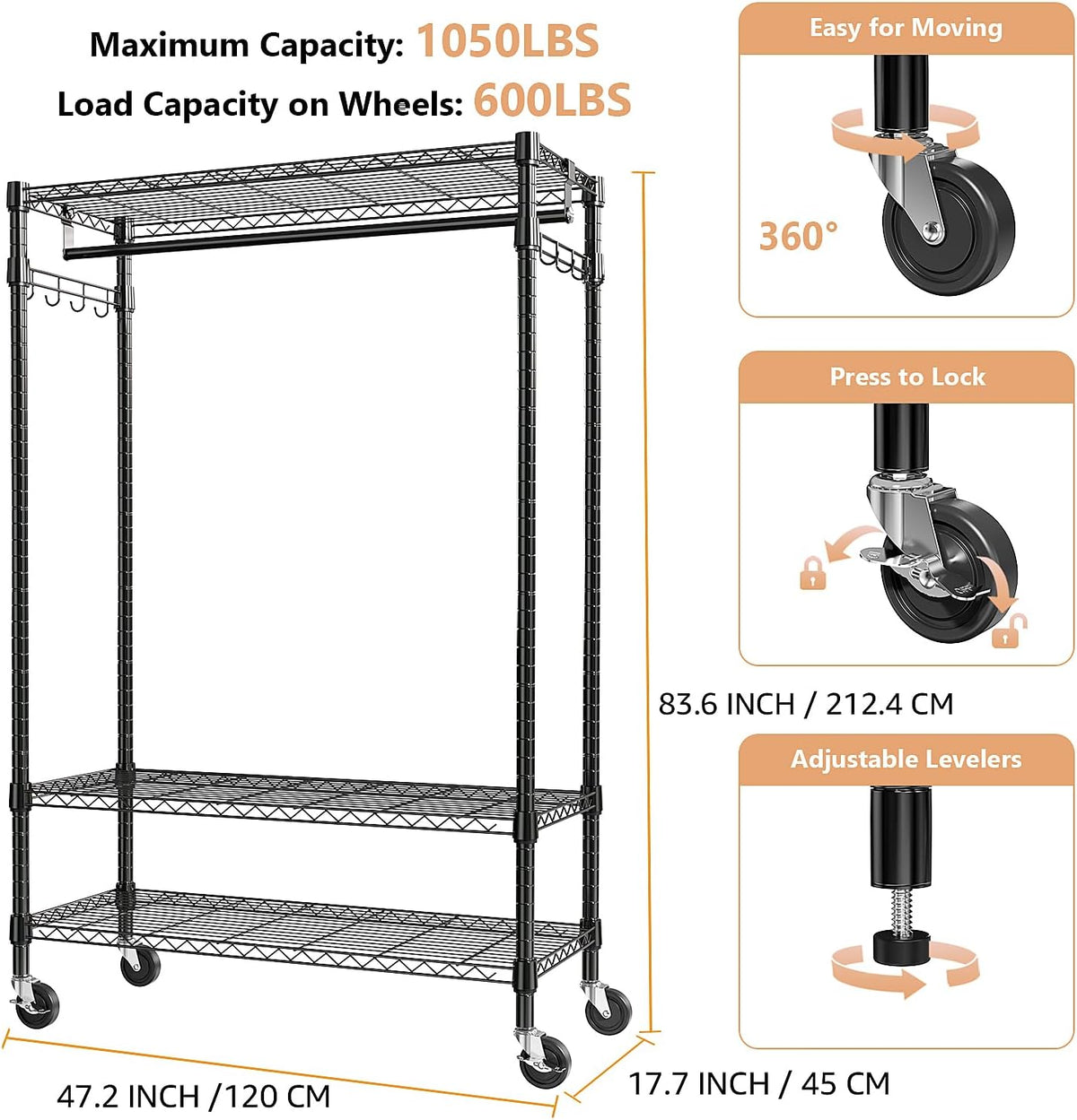M MZG Perchero de Ropa Resistente con Ruedas de 3 Niveles, Estantería de Alambre Ajustable con Barras y Ganchos Laterales, Perchero de Armario de Almacenamiento para Ropa con Ruedas Negro 17.7" P x