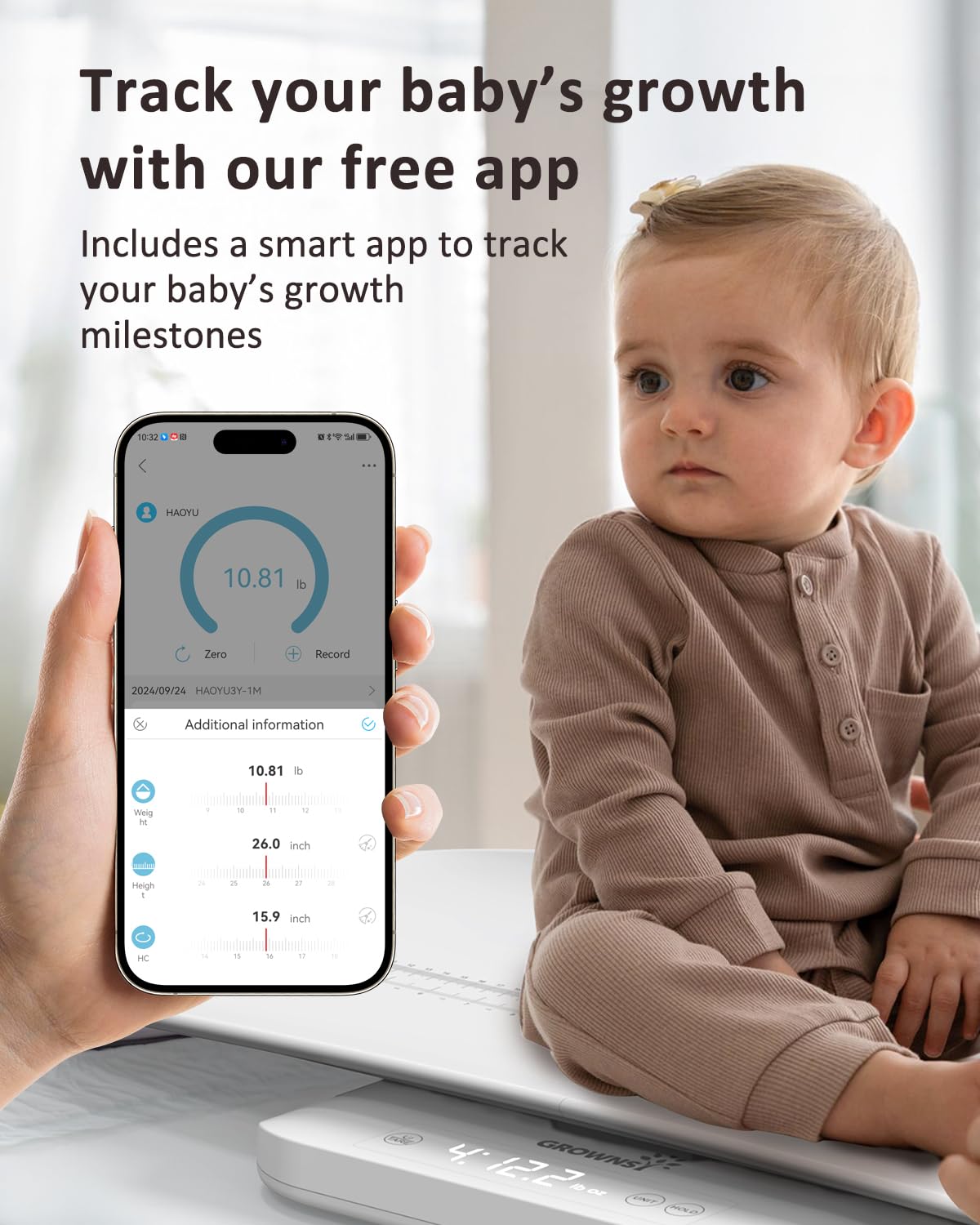 GROWNSY Báscula Inteligente para Bebés/Mascotas, Báscula Digital de Peso para Bebés con Aplicación para Rastrear el Crecimiento de Bebés, Niños Pequeños, Cachorros y Gatos—Soporta Hasta 330 libras