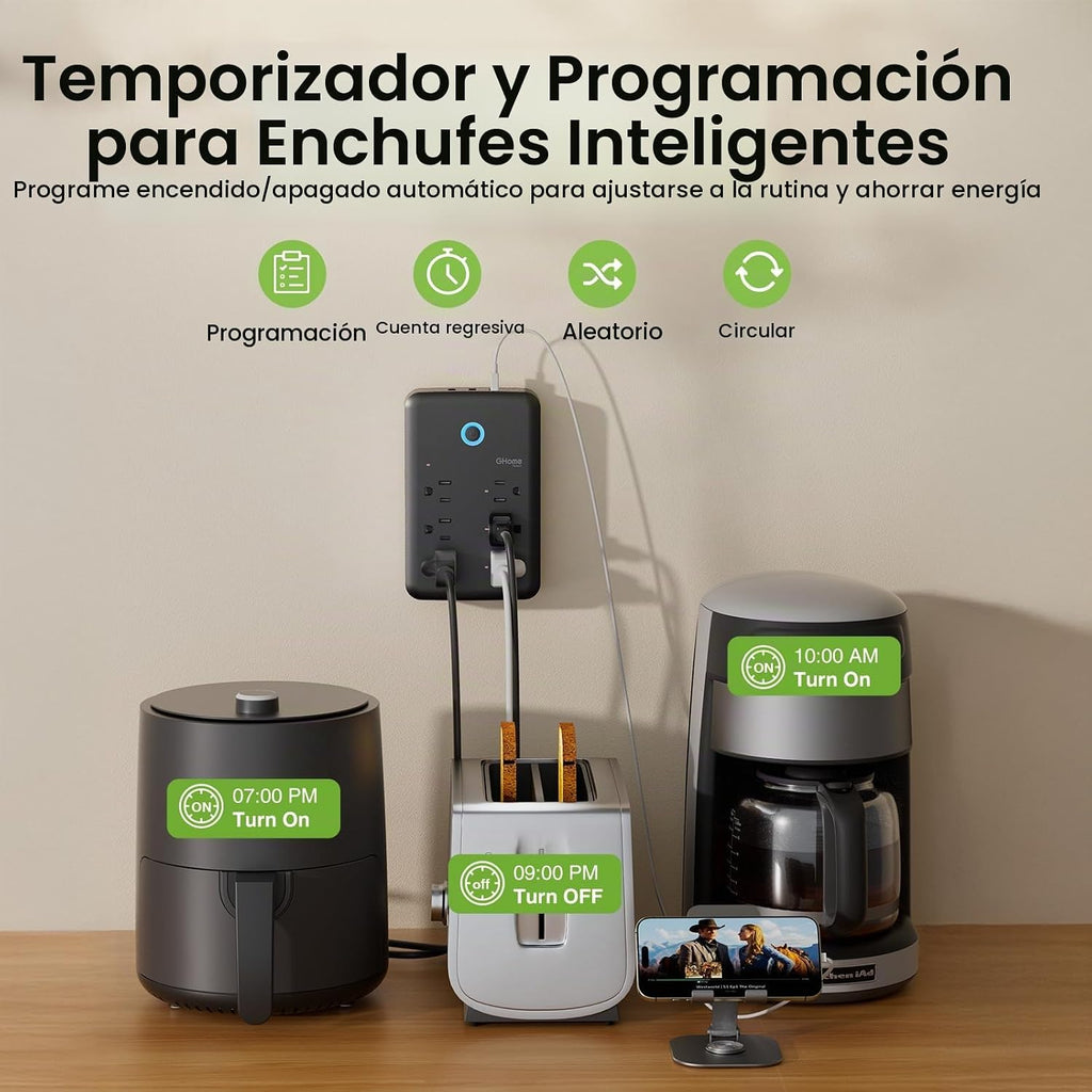 GHome Smart Extensor de tomacorriente, protector de sobretensiones con 3 regletas inteligentes controladas individualmente y 3 puertos USB inteligentes, enchufes inteligentes que funcionan con Alexa