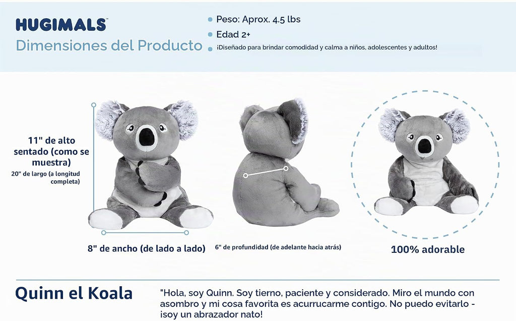 HUGIMALS Quinn The Koala - Peluche sensorial pesado y cómodo de 20 pulgadas, 4.5 libras, lindo, grande, sin perfume, lavable, calmante para el cuidado personal, animal de peluche para niños
