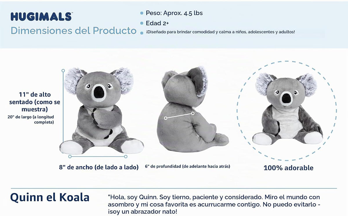HUGIMALS Quinn The Koala - Peluche sensorial pesado y cómodo de 20 pulgadas, 4.5 libras, lindo, grande, sin perfume, lavable, calmante para el cuidado personal, animal de peluche para niños