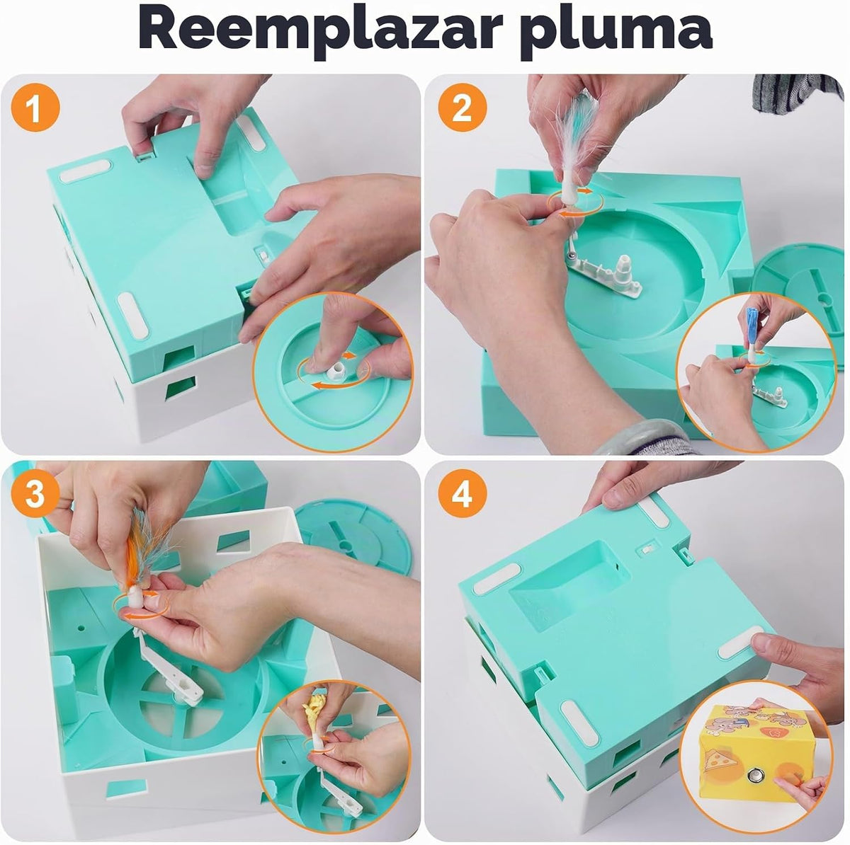 Migipaws - Juguetes automáticos para gatos MigiBox Plus 3 en 1 interactivos, misterio bajo PopSkin, 12 agujeros, de cartón, juguetes para gatitos, para interiores, recargables, 8 accesorios (blanco)