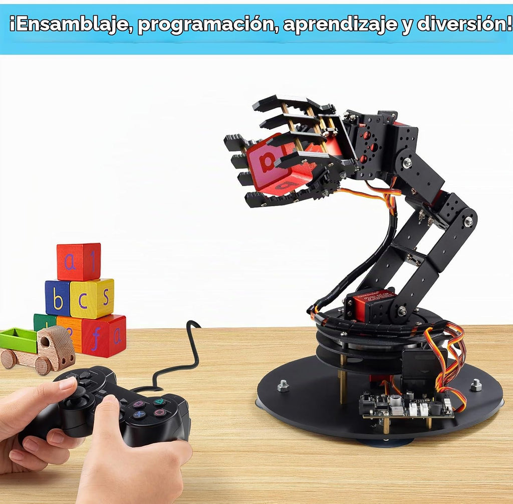 Kit de brazo de robot de metal de 6 ejes con control de joystick para programación Arduino, brazo robótico DIY para aprendizaje STEM, construcción educativa y juego, proyectos de servomotores