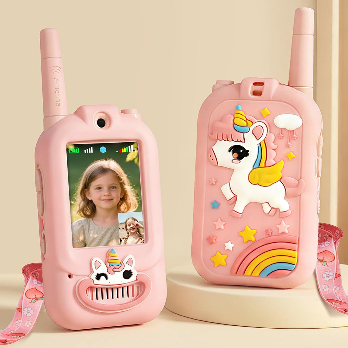 Walkie Talkies de video para niños, paquete de 2 recargables con pantalla, Rosa Unicornio