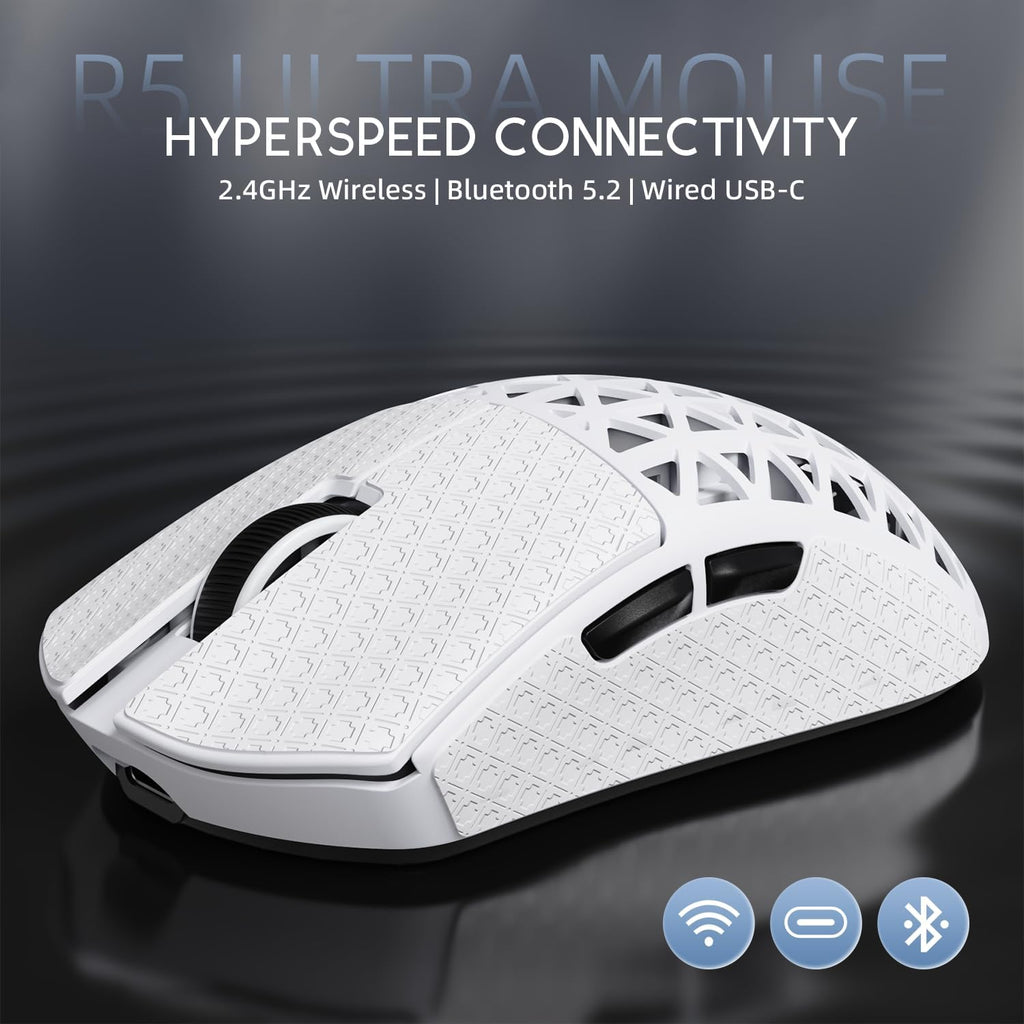 R5Ultra 8K Ratón Inalámbrico de Fibra de Carbono para Juegos con 42,000 DPI - Sensor PAW3950 MAX - Chip MCU Nordic 52840 - 39g Ultraligero - Ratones Programables con Cable/BT/2.4GHz Griptape para PC