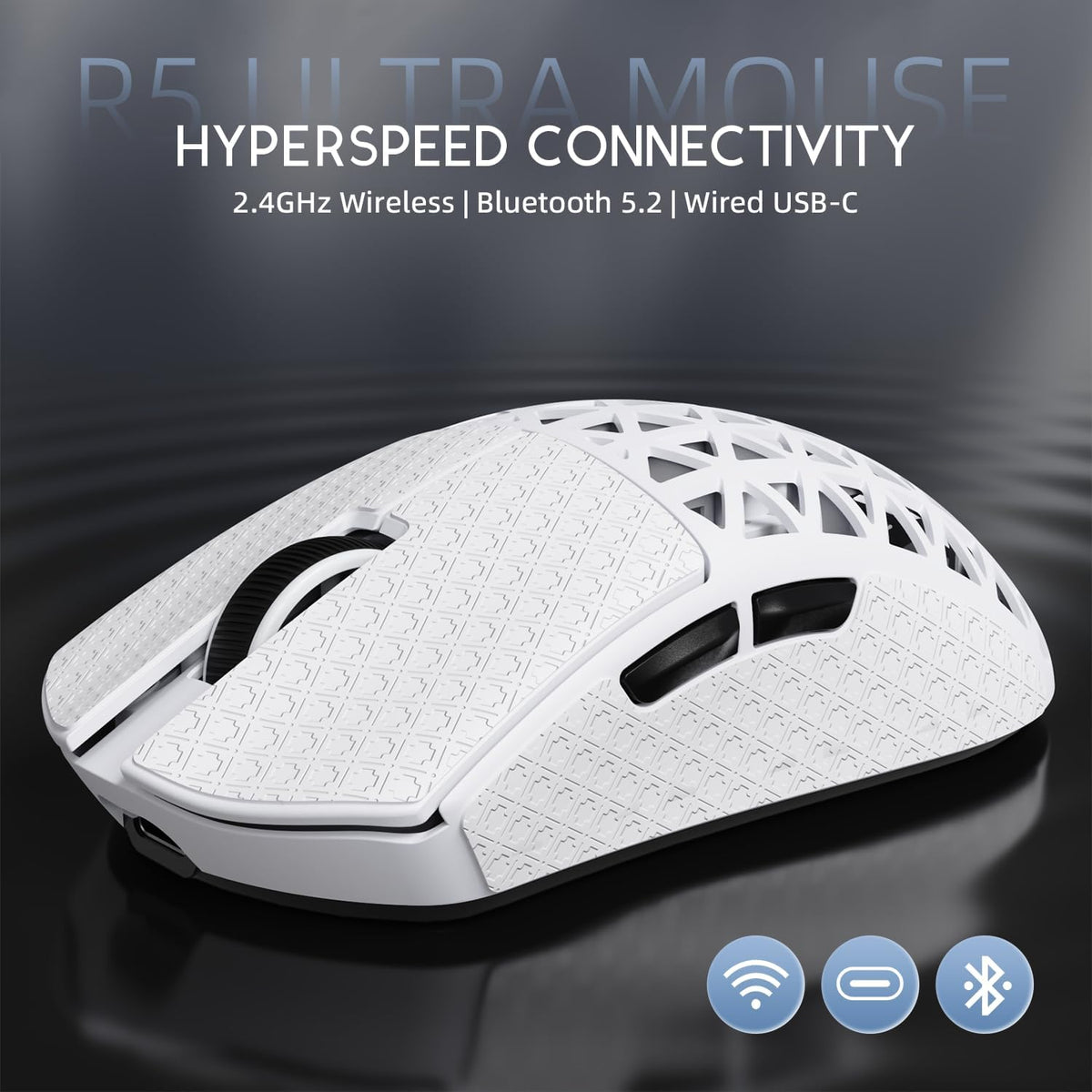 R5Ultra 8K Ratón Inalámbrico de Fibra de Carbono para Juegos con 42,000 DPI - Sensor PAW3950 MAX - Chip MCU Nordic 52840 - 39g Ultraligero - Ratones Programables con Cable/BT/2.4GHz Griptape para PC