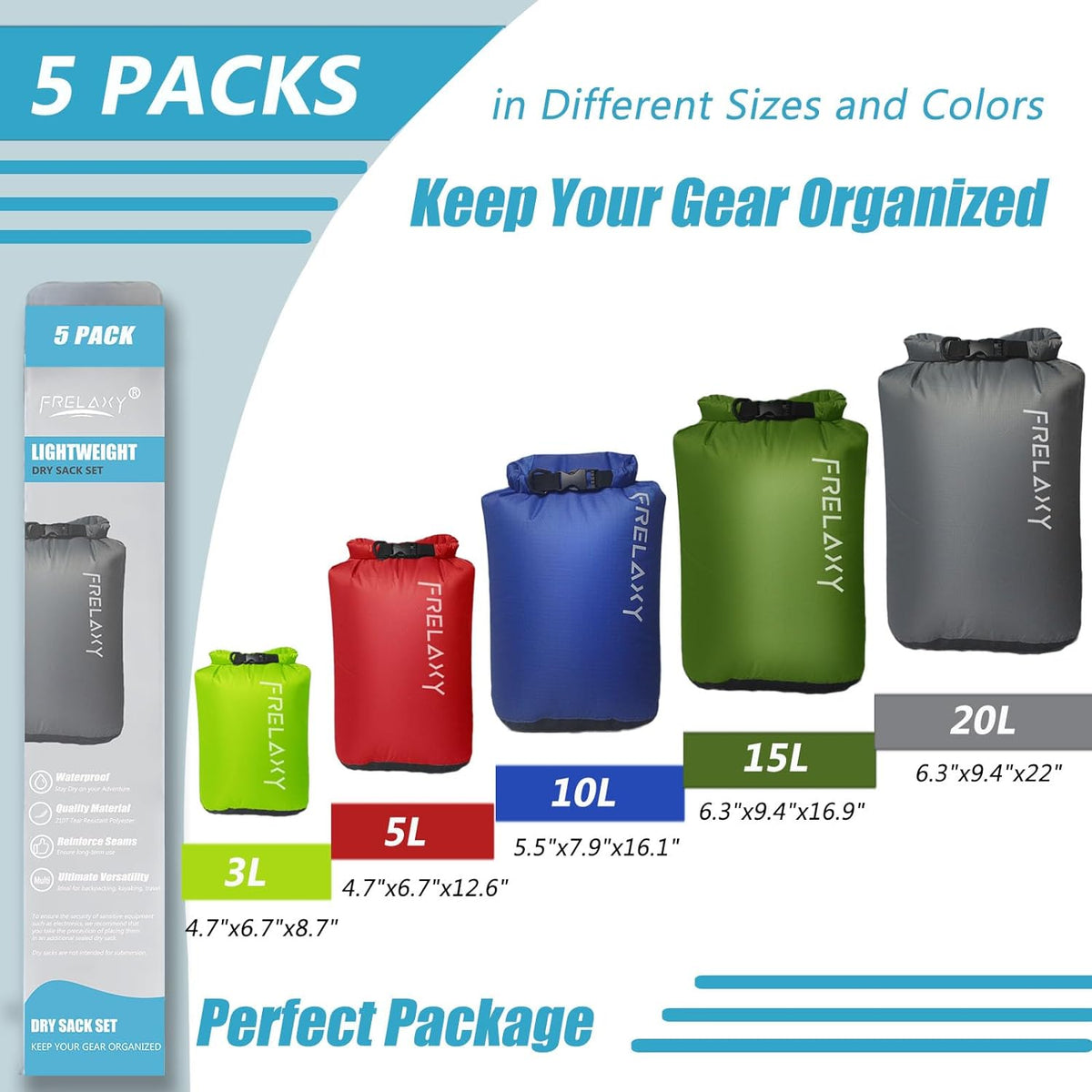 Frelaxy Dry Bag - Paquete de 5, saco seco ultraligero e impermeable para