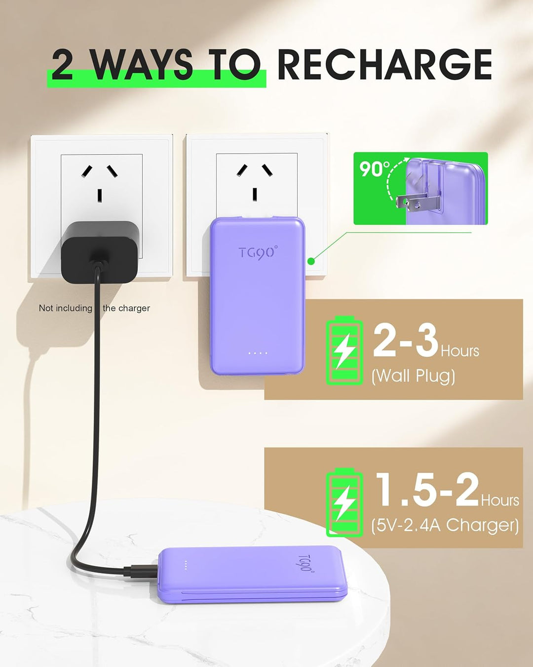 TG90° Cargador portátil de 5000 mAh con enchufe y cables de pared d...