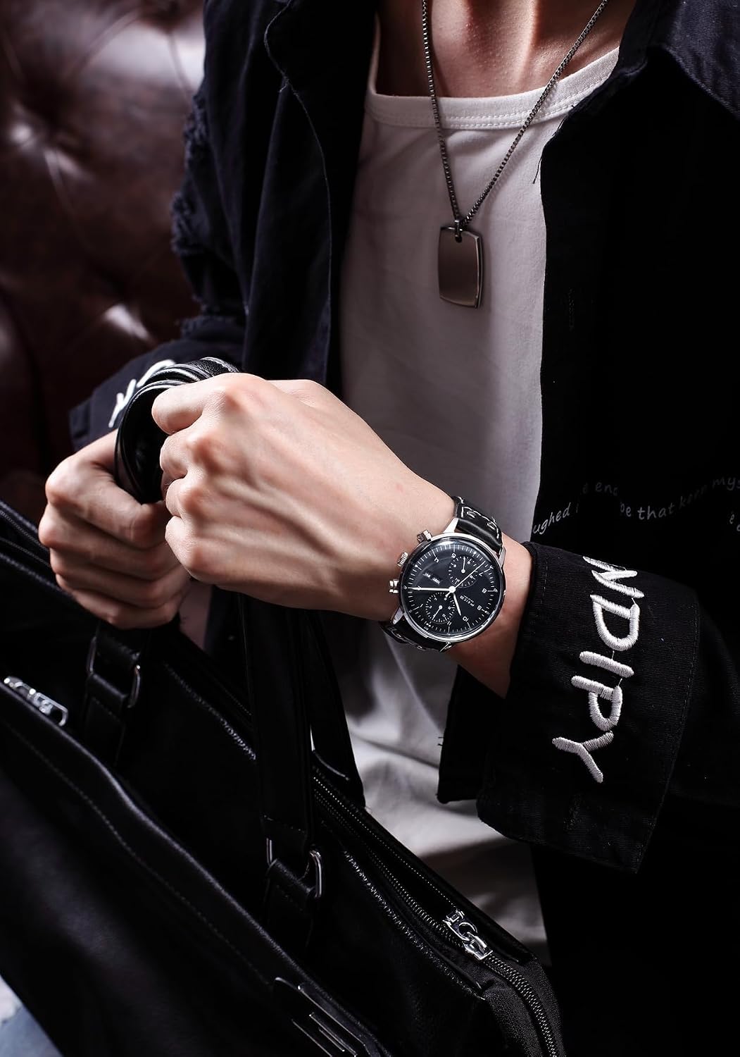 FEICE Relojes para Hombres Bauhaus Reloj Automático de Acero Inoxidable Reloj Mecánico Pulsera Casual Vestimenta para Hombres con Correas de Cuero Fecha -FM121
