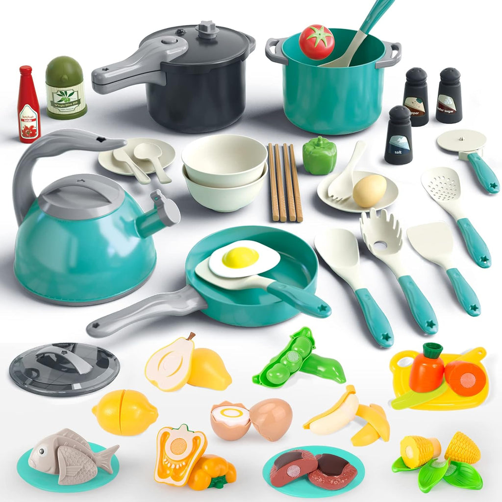 Juego de 67 piezas de juguetes de cocina para niños, accesorios de cocina con ollas, sartenes, utensilios de cocina, alimentos, verduras enlatadas, regalo de aprendizaje para niños y niñas