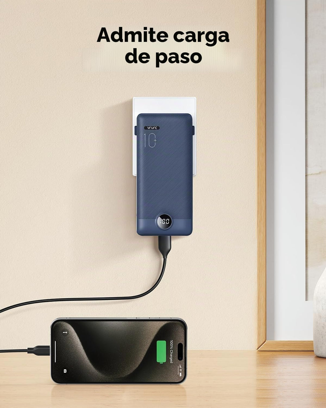 VRURC Cargador portátil con cables integrados y enchufe de pared de...