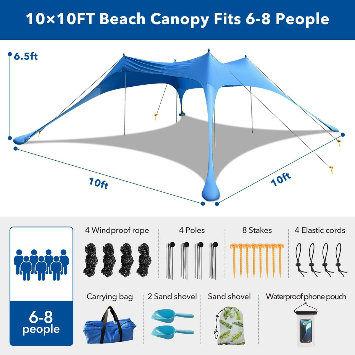 Tienda de campaña de playa con protección UPF50+, refugio solar portátil con postes de bolsa de arena, clavijas de tierra y cuerdas antiviento para acampar al aire libre, patio trasero, Picni