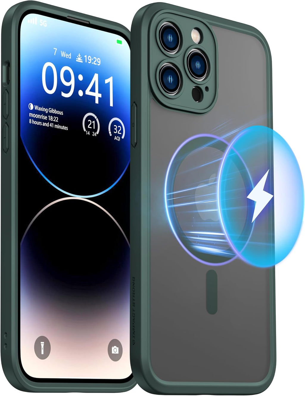 ImpactStrong Protector magnético diseñado para iPhone 14 Pro [protección de cámara] [prueba de caídas de grado militar] [compatible con MagSafe] Funda delgada translúcida mate (6.1 pulgadas), verde