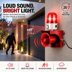 Alarma con sensor de movimiento con detección humana, sirena ajustable de 120 dB y luces estroboscópicas LED, alarma de seguridad para exteriores para robo de hogar, intrusión de animales, protección