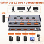 Selector de conmutador USB 3.2 4 computadoras comparten 4 dispositivos USB 10Gbps Interruptor de uso compartido USB de alta velocidad con 1 USB-C y 3 puertos USB-A, conmutador de teclado y mouse para