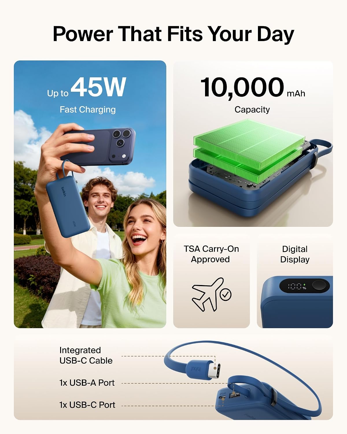 Belkin Banco de energía con cargador portátil de 10000 mAh y 45 W c...