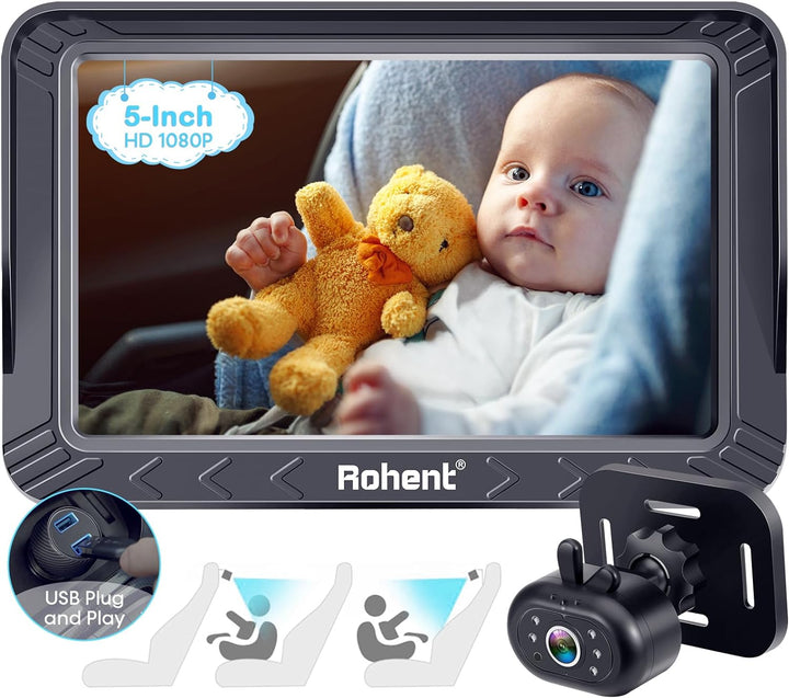 Rohent Cámara de coche para bebé, 5 pulgadas HD 1080P, visión noctu...