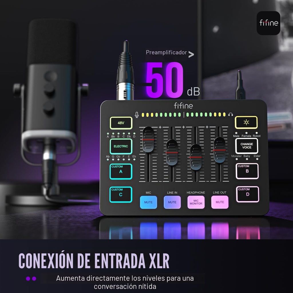 FIFINE Mezclador de audio para juegos, mezclador de PC RGB para streaming con interfaz de micrófono XLR, control individual, atenuador de volumen, botón de silencio, alimentación fantasma de 48 V