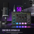 FIFINE Mezclador de audio para juegos, mezclador de PC RGB para streaming con interfaz de micrófono XLR, control individual, atenuador de volumen, botón de silencio, alimentación fantasma de 48 V