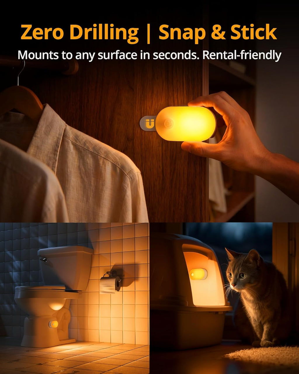Lámpara Luz nocturna de batería recargable con sensor de movimiento, portátil, apagado automático, regulable para baño, dormitorio, cocina, escaleras, pasillo, mascotas, viajes, paquete de 4, ámbar