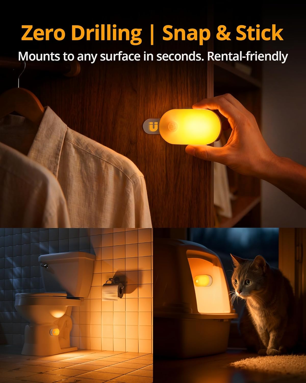 Lámpara Luz nocturna de batería recargable con sensor de movimiento, portátil, apagado automático, regulable para baño, dormitorio, cocina, escaleras, pasillo, mascotas, viajes, paquete de 4, ámbar