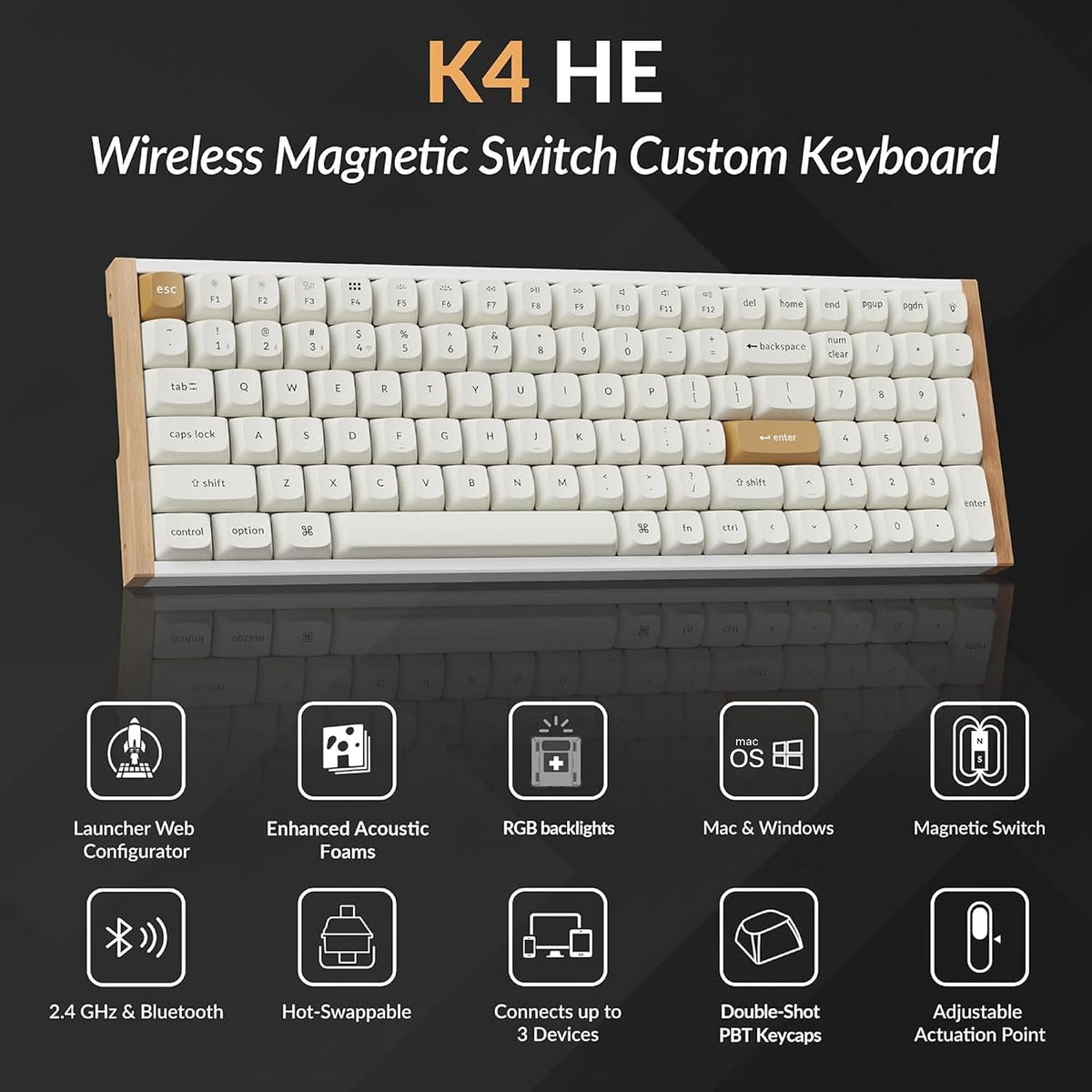 Keychron K4 HE - Teclado inalámbrico de efecto Hall al 96% con almohadilla numérica, interruptores magnéticos de disparo rápido, lanzador QMK, 2.4 GHz/Bluetooth/cableado, Mac y ventanas, marco de