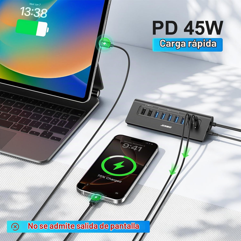 JESWO, hub USB de 9 puertos, alimentado, adaptador 20V/3.25A