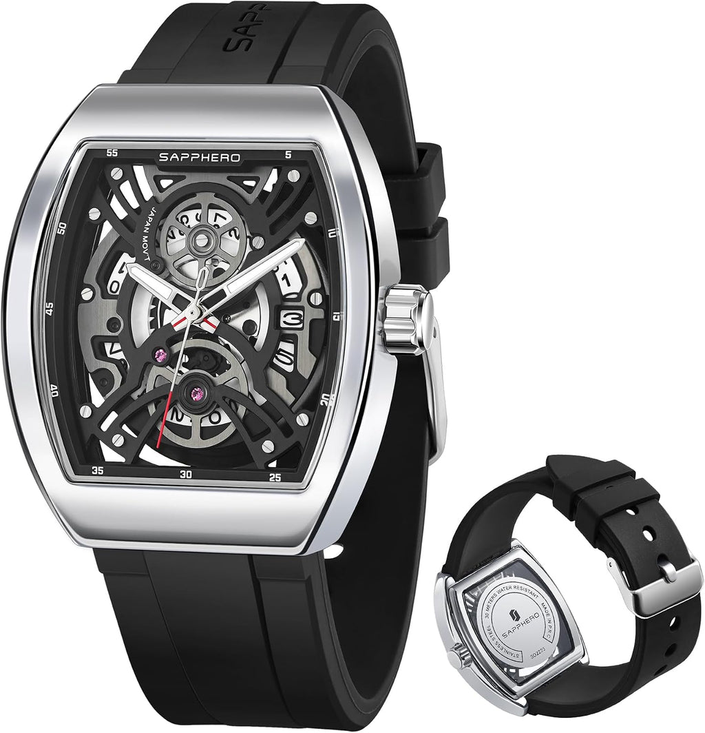 SAPPHERO Reloj para hombre, esfera de esqueleto Tonneau, caja de acero inoxidable, movimiento de cuarzo japonés, correa de silicona, reloj de pulsera deportivo y de moda, resistente a los 30M, fecha