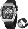 SAPPHERO Reloj para hombre, esfera de esqueleto Tonneau, caja de acero inoxidable, movimiento de cuarzo japonés, correa de silicona, reloj de pulsera deportivo y de moda, resistente a los 30M, fecha