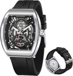 SAPPHERO Reloj para hombre, esfera de esqueleto Tonneau, caja de acero inoxidable, movimiento de cuarzo japonés, correa de silicona, reloj de pulsera deportivo y de moda, resistente a los 30M, fecha