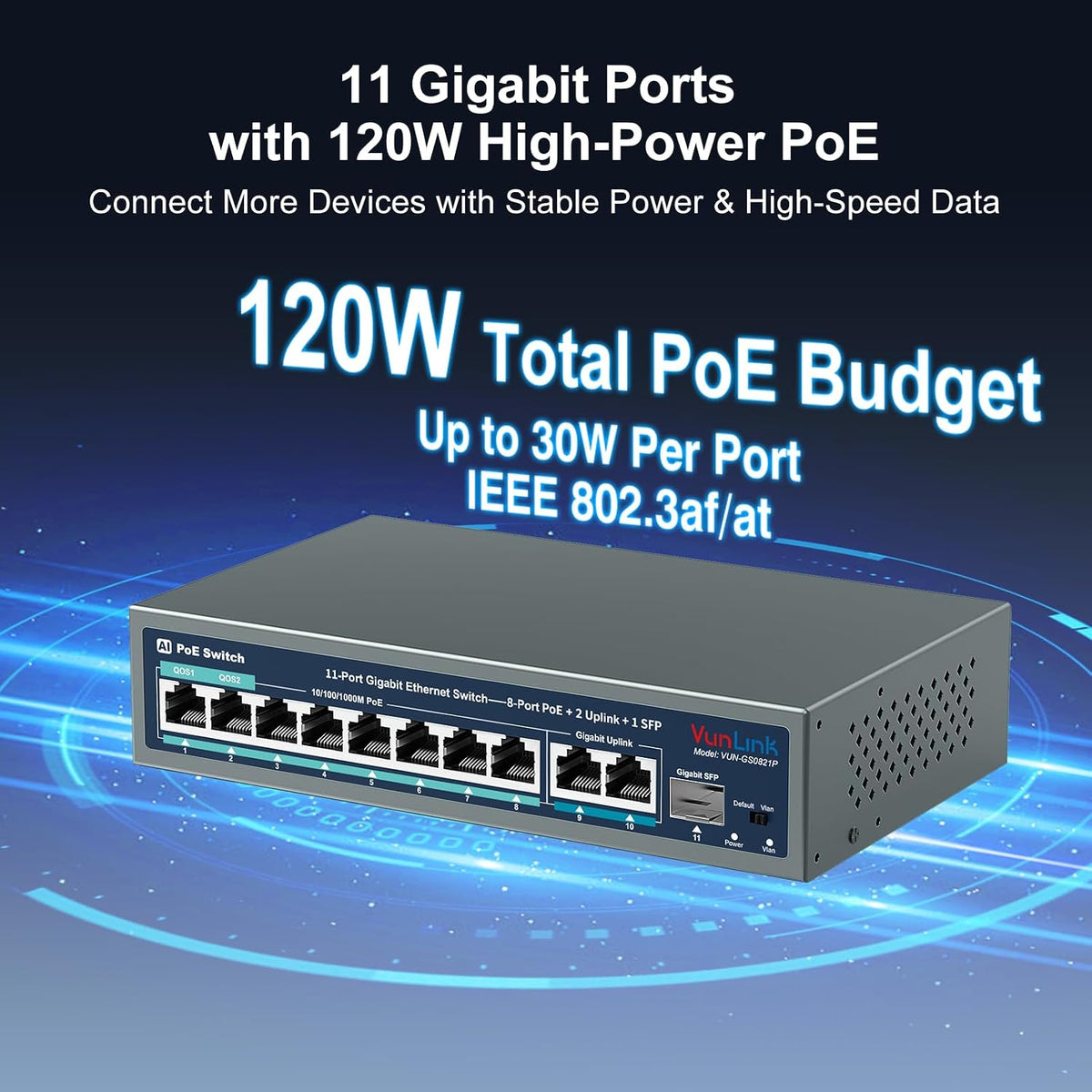 Conmutador PoE Gigabit de 8 puertos, 2 enlaces ascendentes Gigabit