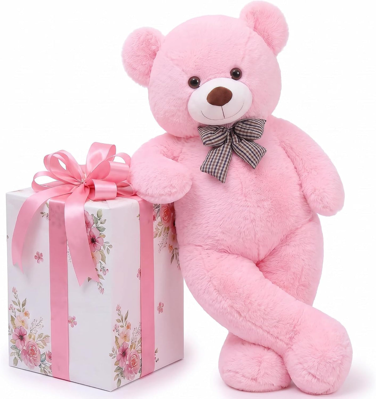 Oso de peluche gigante rosa, animal de peluche grande de 47 pulgadas, juguete de peluche, material de felpa suave, oso de peluche clásico con lazo a cuadros, para acurrucarse