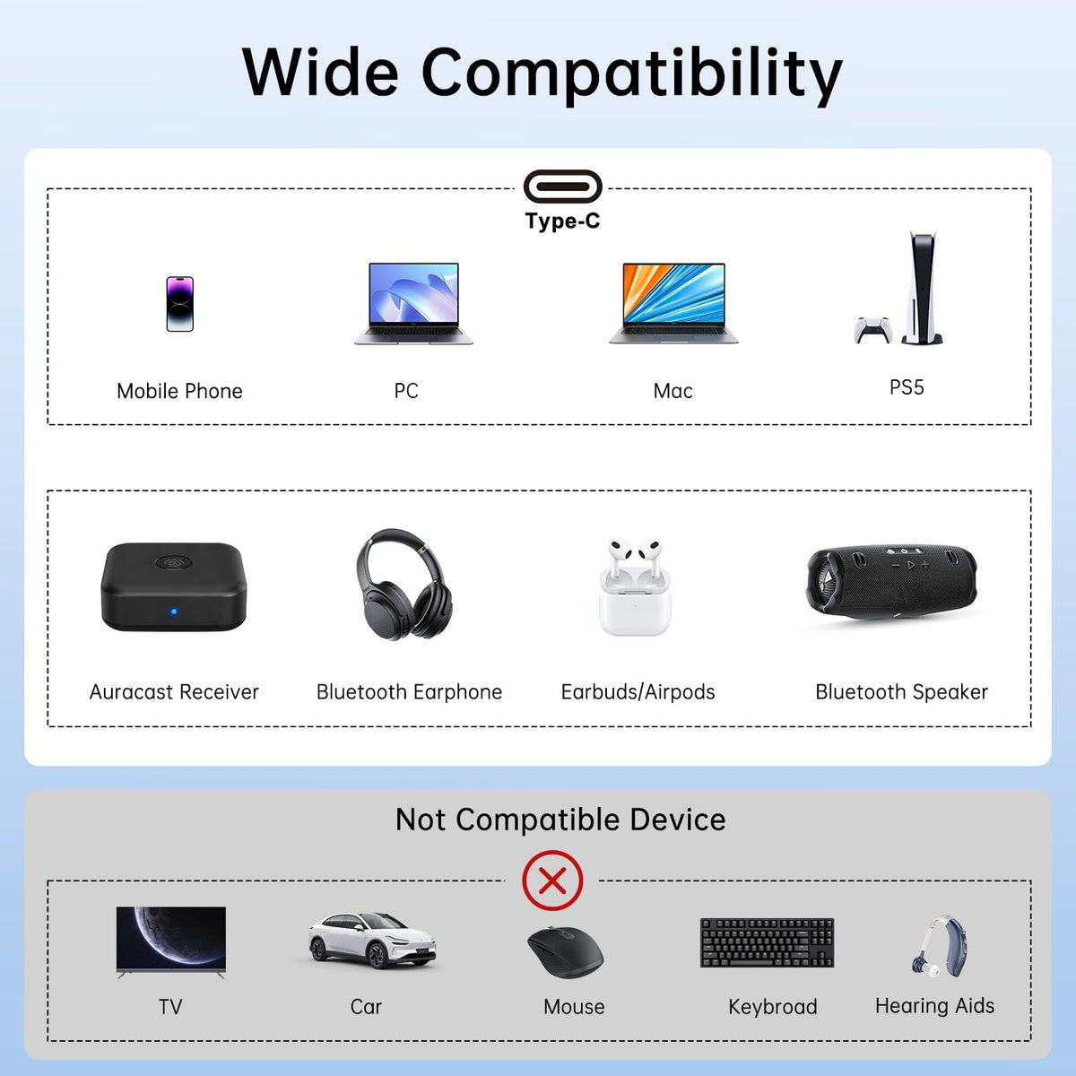 Auracast USB-C Bluetooth LE Adaptador de audio para PC, Mac