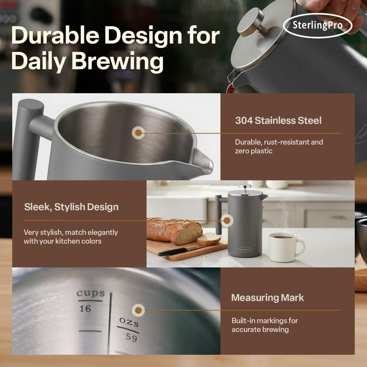 SterlingPro - Cafetera de prensa francesa de acero inoxidable extra grande con aislamiento no tóxico de 64 onzas, capacidad de 1/2 galón/2 litros (rendimiento de preparación de 59 onzas)