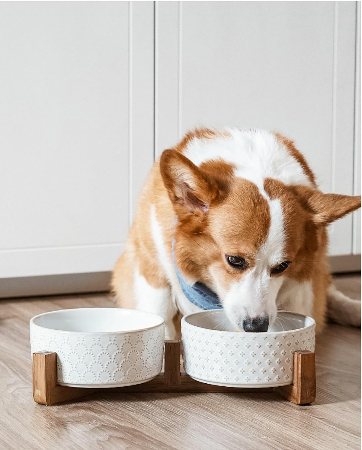 LE TAUCI Cuencos de cerámica para perros con soporte de madera de acacia, juego de alimentos y agua de 7 pulgadas para perros medianos, cuencos con peso para mascotas