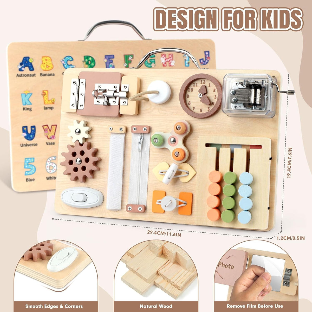 Montessori - Tabla de actividades sensoriales de madera 16 en 1 con caja de música, habilidades motoras finas, juguete de aprendizaje de habilidades motoras finas, regalo educativo de viaje