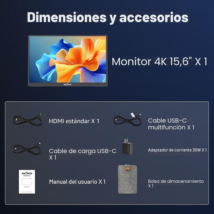 InnoView Monitor portátil de 15.6" 60Hz 4K UHD 3840x2160 | 100%...