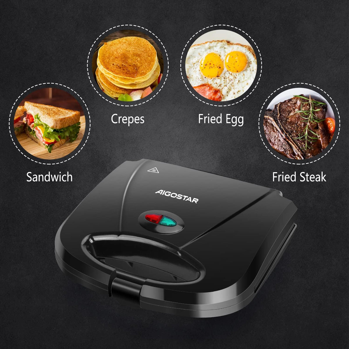 Aigostar Tostadora de Sándwich con Superficie de Parrilla Profunda Antiadherente para Huevo, Jamón, Bistecs Parrilla Eléctrica Compacta Negra, Certificado ETL, Roy