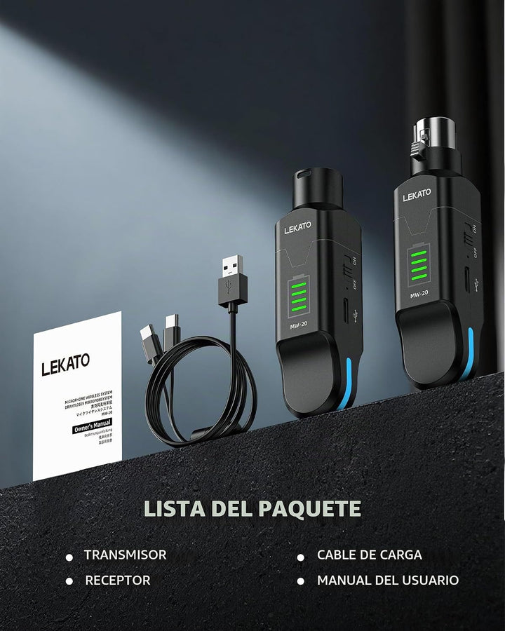 LEKATO Receptor transmisor XLR inalámbrico de 2.4 GHz para micrófon...