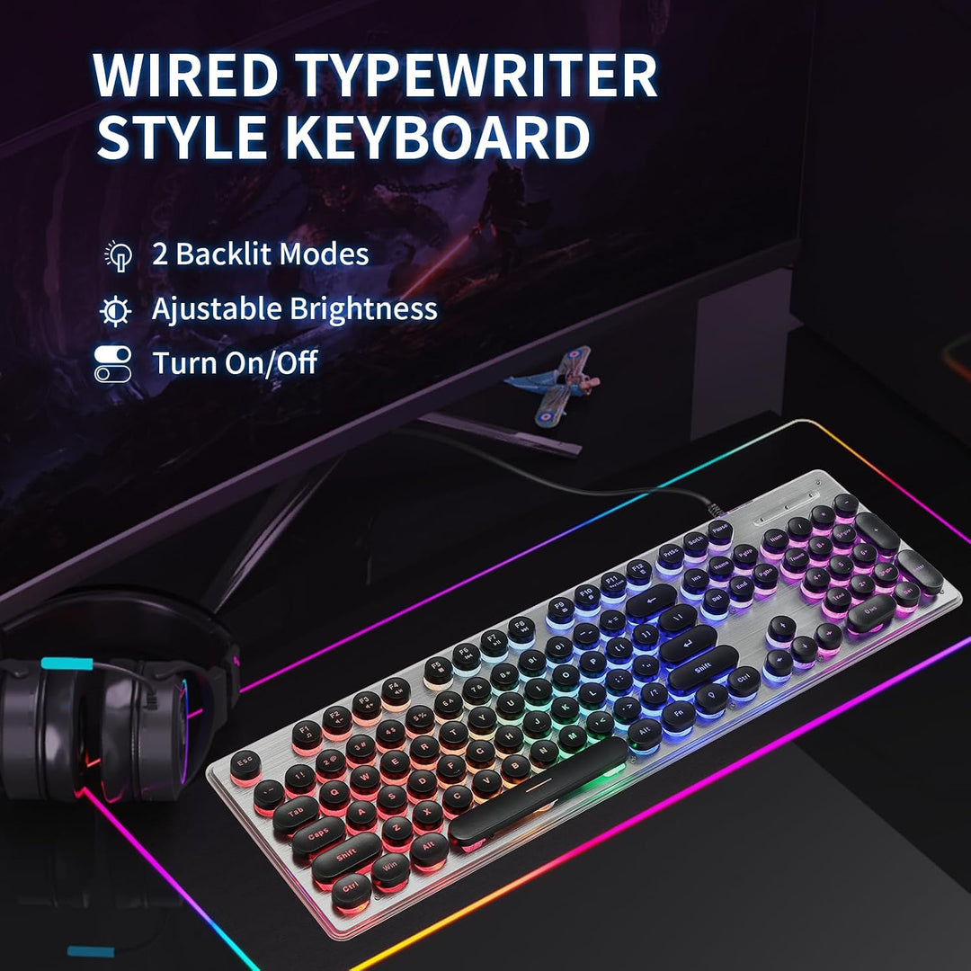 ANSWK Teclado estilo máquina de escribir con panel de metal, retroi...