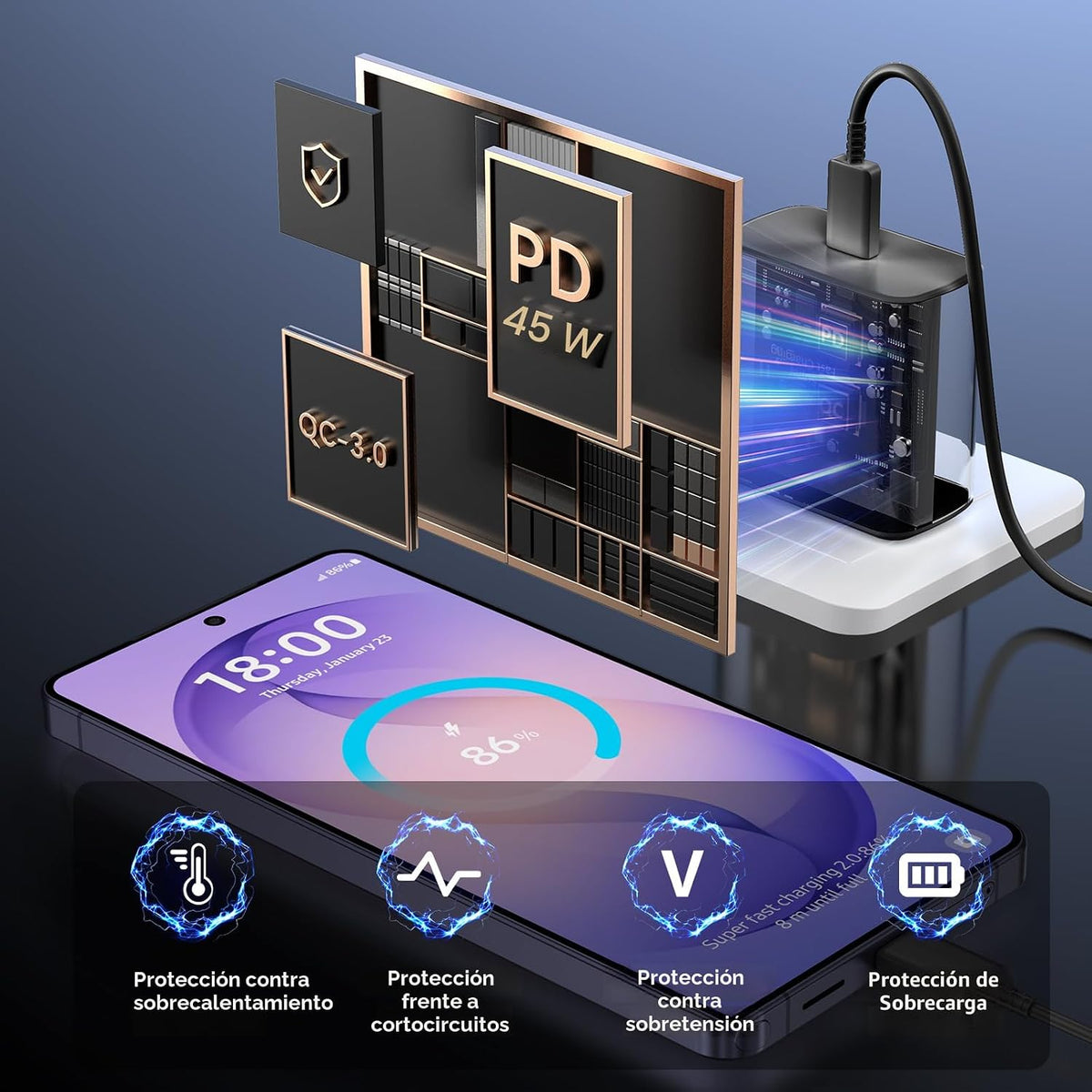 45W Super Fast USB C Android Tipo C Cargador de teléfono Cable de carga
