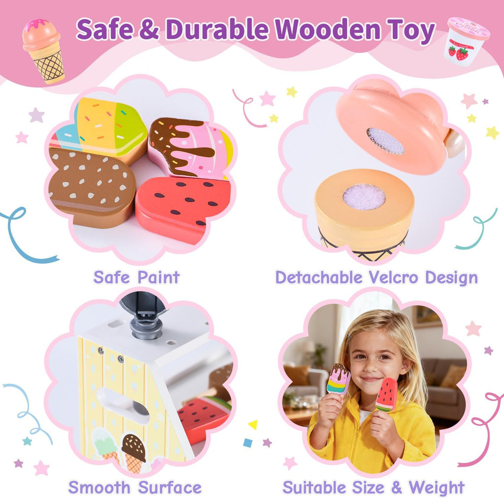 Mini juguetes de helado de madera para niños, juguetes de cocina de simulación, juguetes de comida de cocina, juego de mostrador para niños pequeños con cucharada, menú y dinero falso para niños de 3, 4, 5, 6 años, regalos de cumpleaños de Navidad