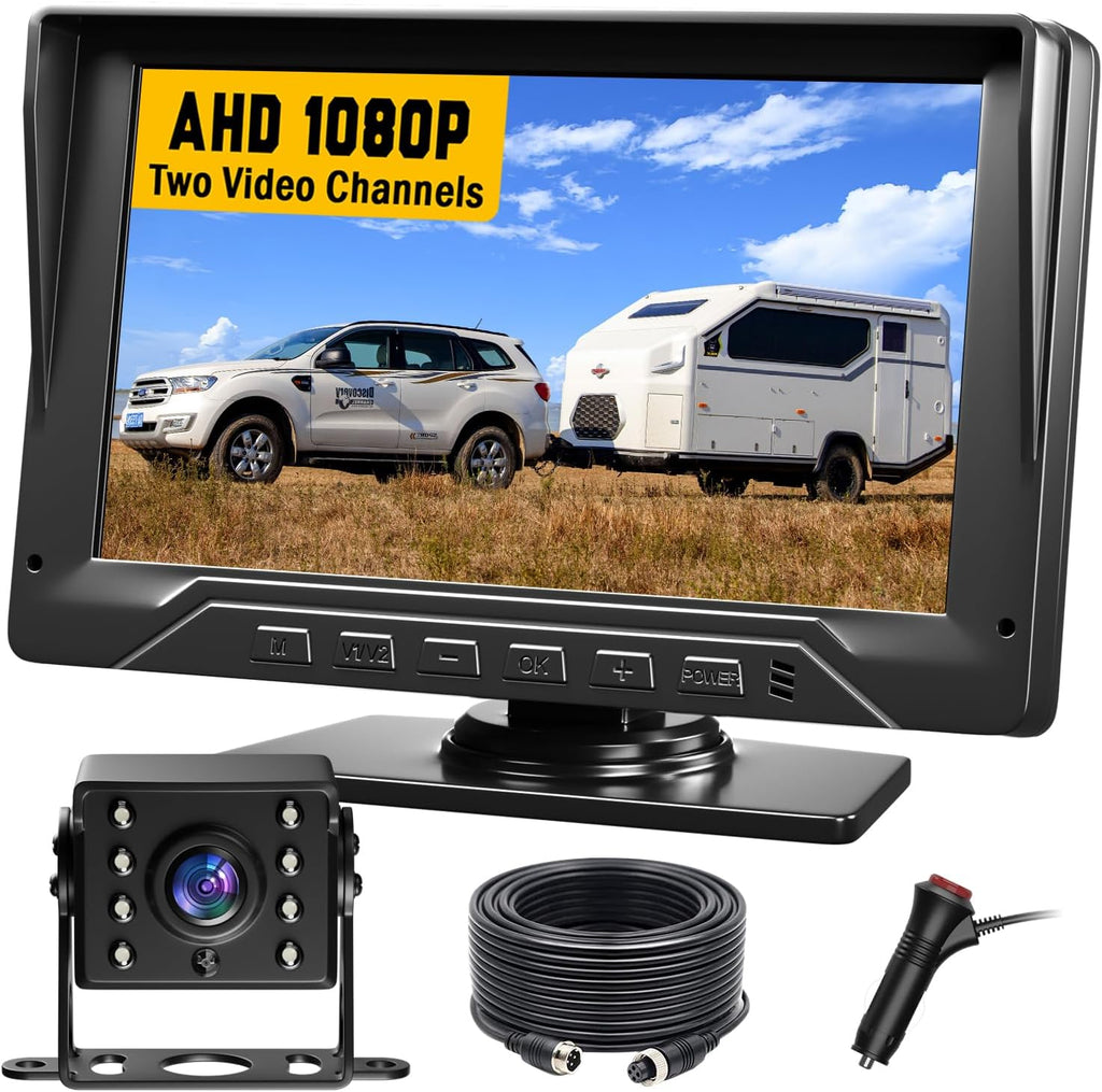 Sistema de cámara de respaldo para RV, cámara de respaldo con cable de 7 pulgadas para camión, remolque, cámper, cámara de visión trasera HD 1080P con 2 canales, cero retardo, gran angular de 150°, visión nocturna LED, impermeable IP69, pautas de